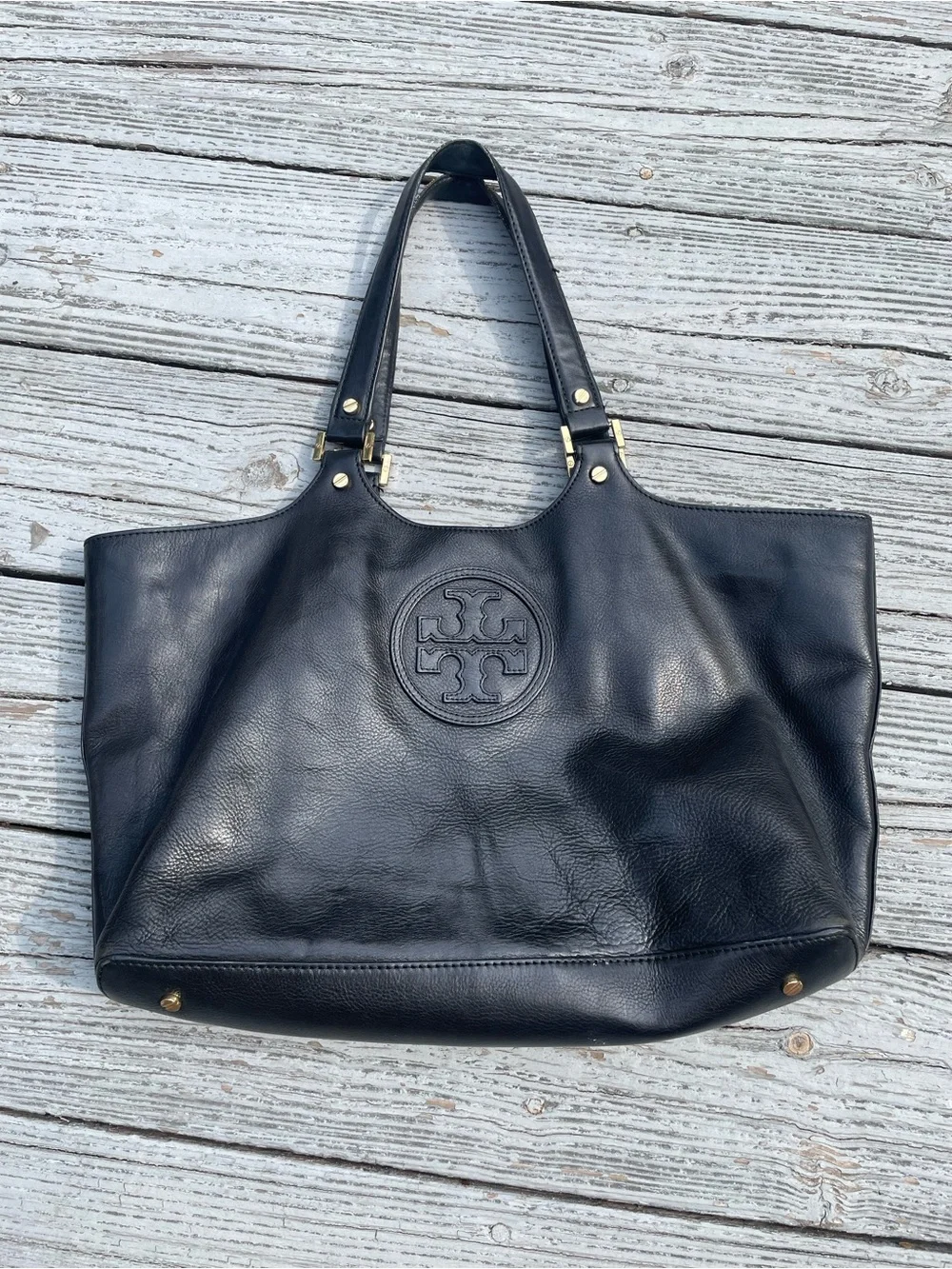 Tory Burch Black Leather Logo Tote with Gold-Tone Accents